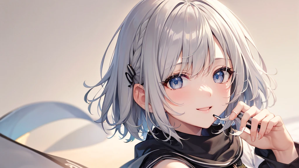 Her eyes were shining、Mysterious and enchanting atmosphere。With AI Painting、とてもShort Hair, Long bangs between the eyes, Very detailed,(masterpiece、Highest quality)、alone、Gray Hair、Fantasy, Silver Hair, Fantasyな風景、White shirt、smile、Open your mouth、Scarf、short hair、Short Hair、hairpin、black eye、Grey Eyes、Beautiful Eyes