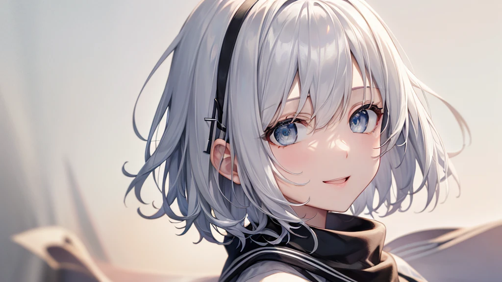 Her eyes were shining、Mysterious and enchanting atmosphere。With AI Painting、とてもShort Hair, Long bangs between the eyes, Very detailed,(masterpiece、Highest quality)、alone、Gray Hair、Fantasy, Silver Hair, Fantasyな風景、White shirt、smile、Open your mouth、Scarf、short hair、Short Hair、hairpin、black eye、Grey Eyes、Beautiful Eyes