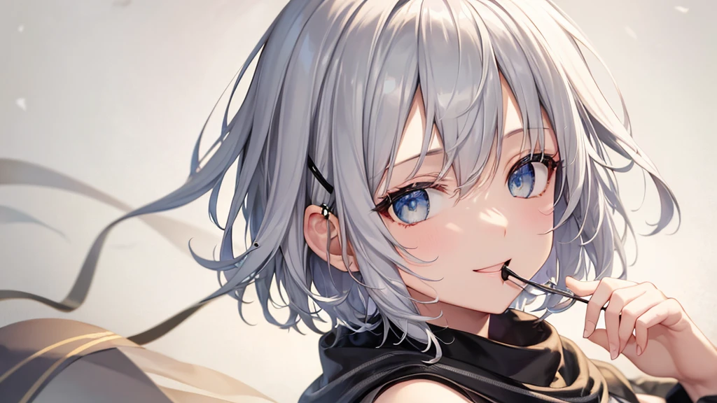 Her eyes were shining、Mysterious and enchanting atmosphere。With AI Painting、とてもShort Hair, Long bangs between the eyes, Very detailed,(masterpiece、Highest quality)、alone、Gray Hair、Fantasy, Silver Hair, Fantasyな風景、White shirt、smile、Open your mouth、Scarf、short hair、Short Hair、hairpin、black eye、Grey Eyes、Beautiful Eyes