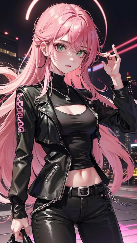 Photograph of the upper body of a beautiful woman, , [see through] , (big breasts), (small waist, perfect body), Sharp focus, (tall body, mature woman), ((Looking ahead)), (Highly detailed skin, hair follicles:1.4,) (pink long hair,green eyes) , (black t-shirt:1.47),(green pants)chain,(punkร็อก) , cross earrings , Cross necklace , Wearing a black leather jacket,  สวมchainรูปดาวไว้ที่เอวของคุณ, city scenery , punk , night light  , High quality 
