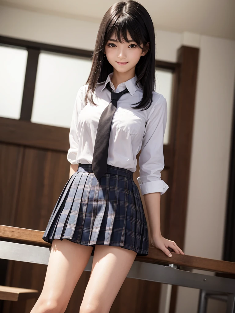 8K, Highest quality, The real picture, Intricate details, Very detailed, Ultra-high resolution, Depth Field,(Realistic,Realistic:1.2),Tabletop , ((Full Body Shot)) , ((Long, slender legs)), 1 girl, eye_Chan, Very beautiful 17 year old girl, innocent big eyes,、Beautiful breasts:1.5、非常に詳細なeye:1.2)、(Beautiful breasts:1.1)、((Black Hair))、(Long Bob Hair), Asymmetrical bangs, Perfect Skin, Fair skin, Small breasts, Tight waist, alone, Staring at the audience, (smile)、((School_uniform), (White shirt、Wear a tie), (Blue checkered pleated micro mini skirt), ((Fold your arms in front of your chest and act arrogantly)), ((楽しそうなsmile)), ((Perfect hand shape))