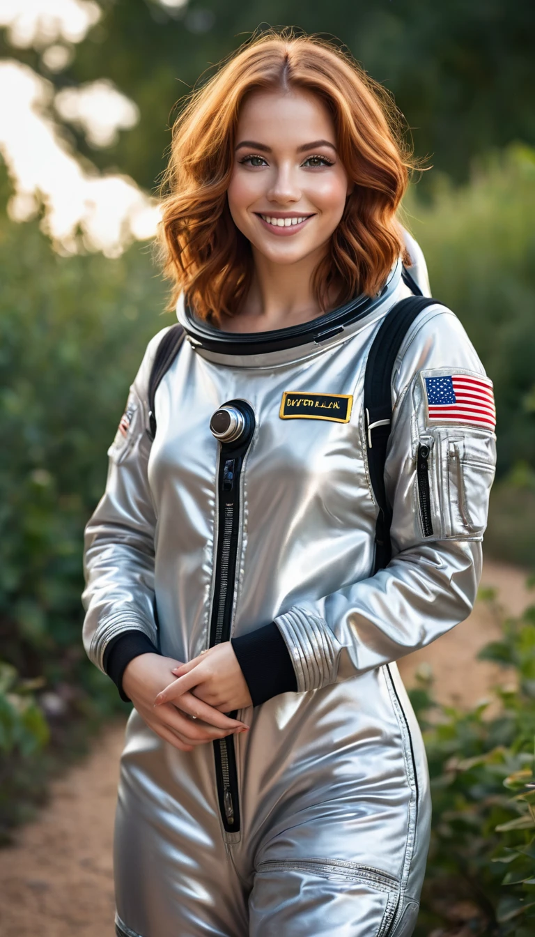 ultrarealistic high quality full body photo of a beautiful busty slim european 25-year-old woman with cute hyperdetailed shy face and natural redhead middle length hair and shy smile , realistic round hazel eyes, natural lips, dark eye makeup with eyeliner, wearing shiny astronaut overall outfit, hourglass body, outdoor photography, tanned