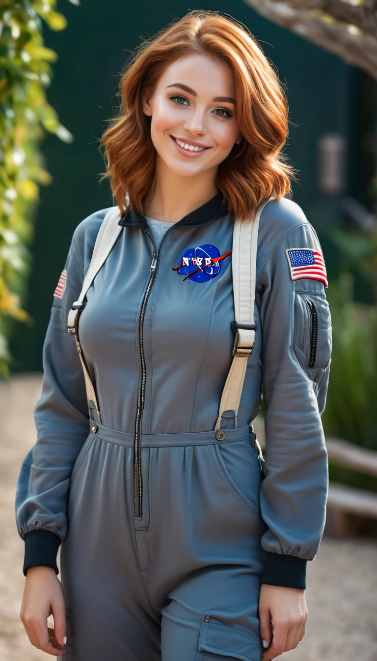 ultrarealistic high quality full body photo of a beautiful busty slim european 25-year-old woman with cute hyperdetailed shy face and natural redhead middle length hair and shy smile , realistic round hazel eyes, natural lips, dark eye makeup with eyeliner, wearing shiny astronaut overall outfit, hourglass body, outdoor photography, tanned