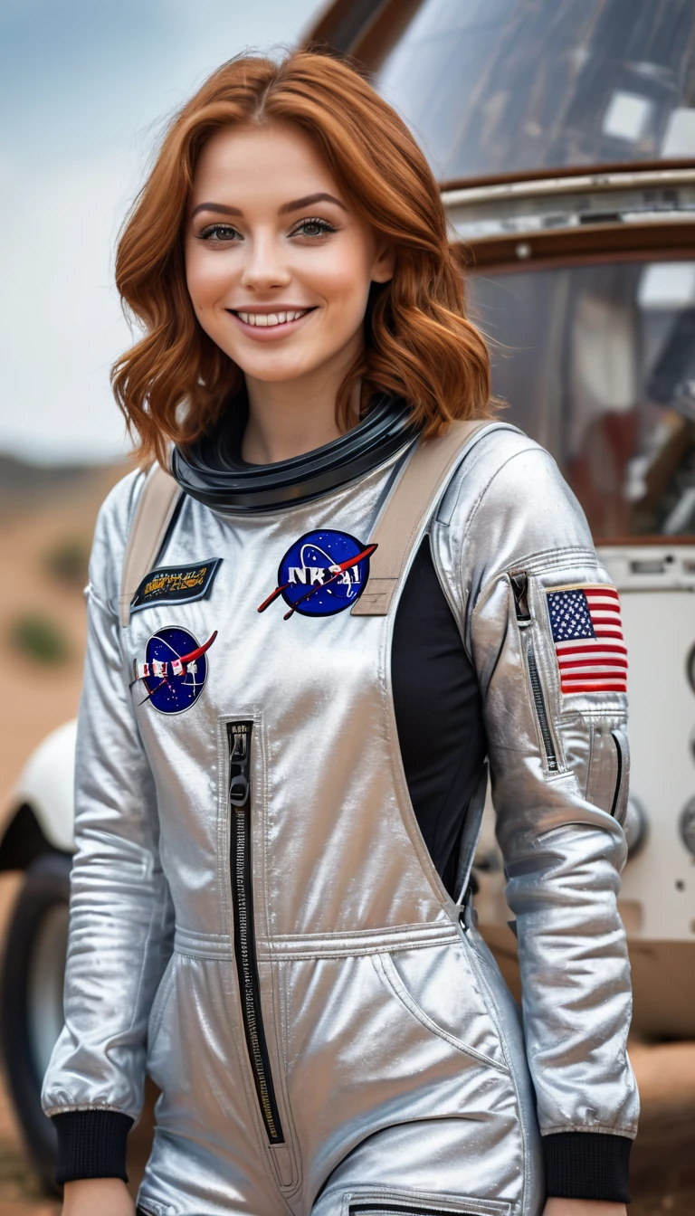 ultrarealistic high quality full body photo of a beautiful busty slim european 25-year-old woman with cute hyperdetailed shy face and natural redhead middle length hair and shy smile , realistic round hazel eyes, natural lips, dark eye makeup with eyeliner, wearing shiny astronaut overall outfit, hourglass body, outdoor photography, tanned
