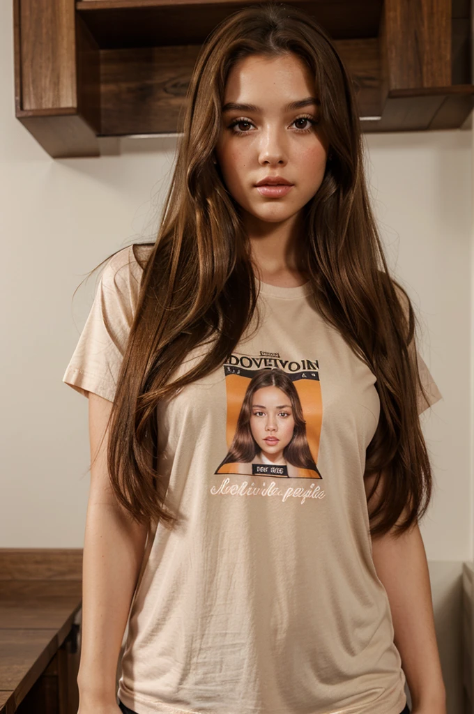a girl with long brown hair, brown eyes with long eyelashes, natural red cheeks, full lips, half body, wearing a provocative t-shirt