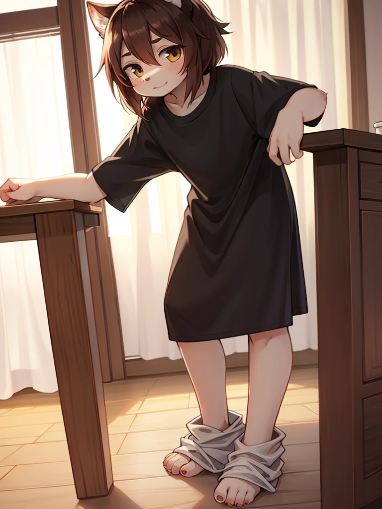 Baggy T-shirts, leaning forward , hands on knees
