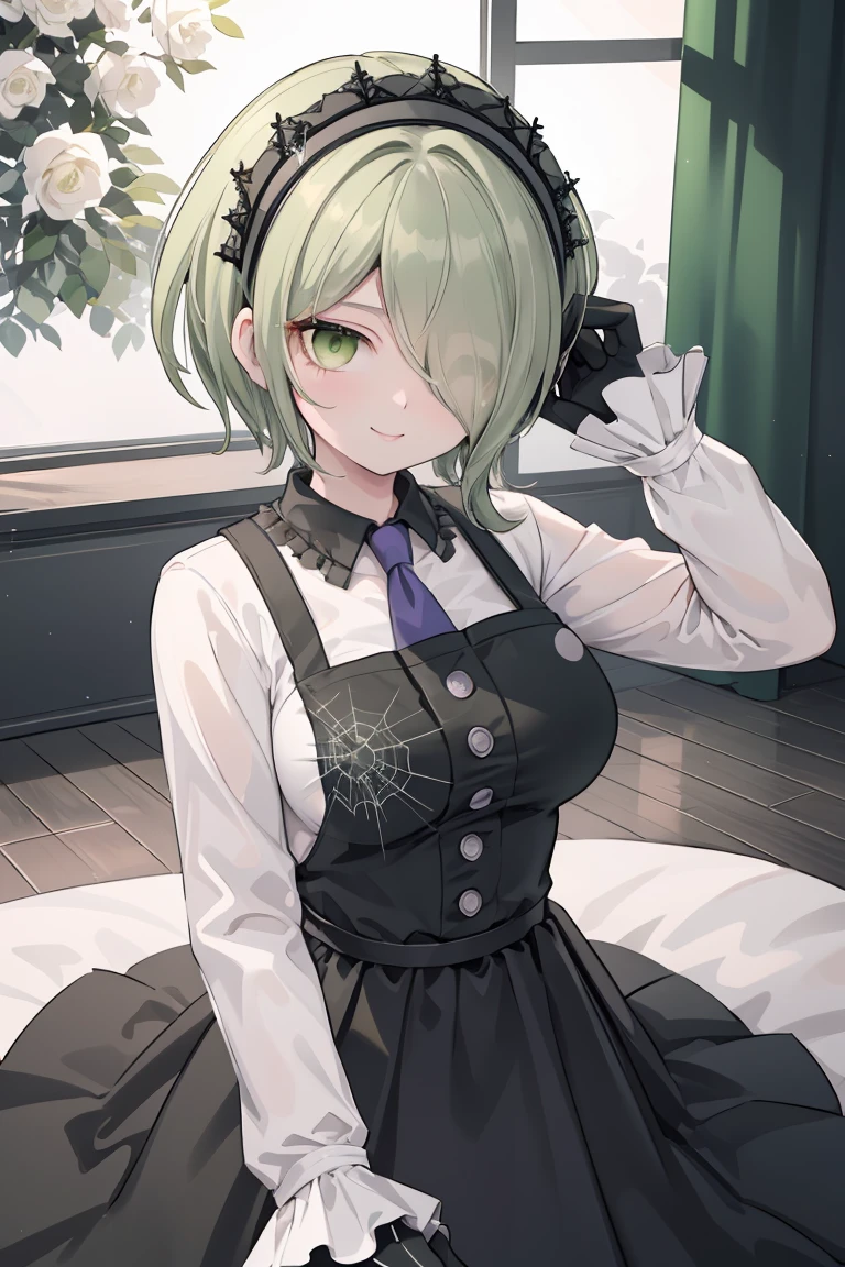 (highly detailed:1.3), tkirumi, looking at viewer, smile, large breasts, long sleeves, white shirt, green hair, black gloves, hair over one eye, black dress, maid headdress, pinafore dress, hand on own head, spider web print, Ultra-detail,(highres:1.1),best quality,(masterpiece:1.3), cinematic lighting, big breasts
