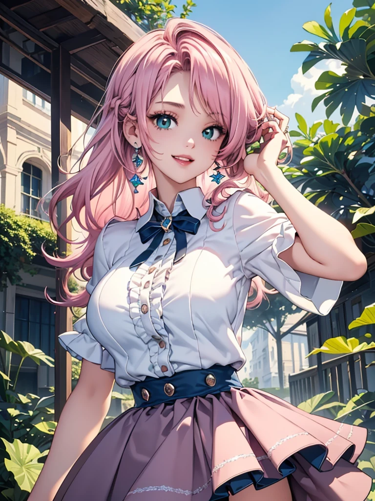 best image quality, masterpiece, ultra detailed, exquisite, cowboy shot, high quality, Beautiful art, One Girl, looking at viewers, hand in own hair, ((18 years old, Big Breasts, Giant bust:1.2)), fair skin, beautiful skin, Detailed teeth, Light green eye rest, beautiful eyes, twinkle(in the eyes), Pink Hair, Pink French Braid, thin, smile, Heartily laugh, Fashionable clothes、(white ruffled blouse:1.1)、White collared goss shirt, (dark blue high-waist skirt:1.5), (Short sleeve shirt:1.1),from above, 