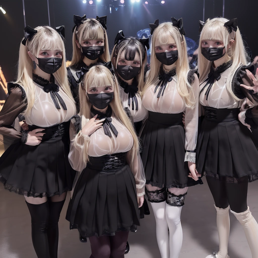 8K resolution, surreal, Super detailed, high quality, perfect anatomy, perfect proportion,
((((((A group photo of home party at midnight, women only, most crowded indoor festival at night club, 4 girls, group photo)))))),
(((((black clothes, jirai fashion, many frills, Lace, pleated skirt, mini skirt, bow ribbon))))),
((grin, smile, happy)), ((((wearing black face mask)))),
((((bright bleached hair, detailed hair))))+, (((super large breasts))),
(((shiny detailed oiled porcelain skin))),
(((black see-through tights))), looking at viewer, full body