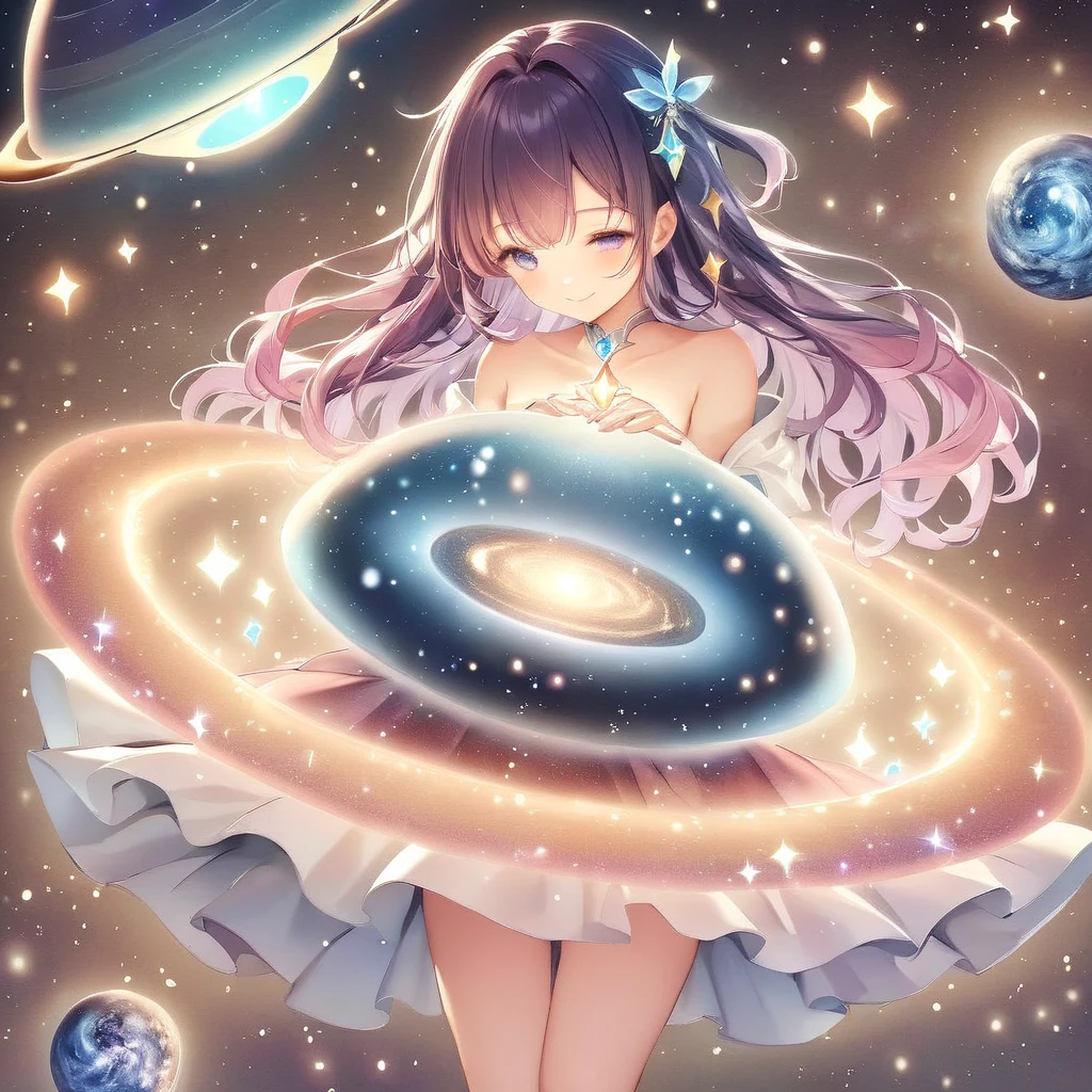 smile, At the edge of the universe, a UFO magical girl stands. Her hands are spread out, and in her hands, she holds a galaxy. The galaxy spills from her hands, enveloping her. And when she embraces the galaxy, countless particles of light are released. These particles of light spread throughout the universe, illuminating the stars. This scene is grand and beautiful, captivating those who see it.