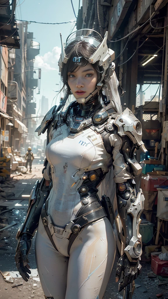 ((best quality)), ((masterpiece)), ((realistic)), (detailed), (photorealistic:1.5), a futuristic boy, (mascular body), (white bodysuit), lights on armor, cybernetic headwear, looking at viewer, dynamic pose, post apocalyptic, destroyed city background, buildings on fire, science fiction, hdr, ray tracing, nvidia rtx, super-resolution, unreal 5, subsurface scattering, pbr texturing, post-processing, anisotropic filtering, depth of field, maximum clarity and sharpness, rule of thirds, 8k raw, (luminescent particles:1.4), (extremely detailed cg, unity 8k wallpaper, 3d, cinematic lighting, lens flare), reflections, sharp focus, cyberpunk art, cyberpunk architecture,