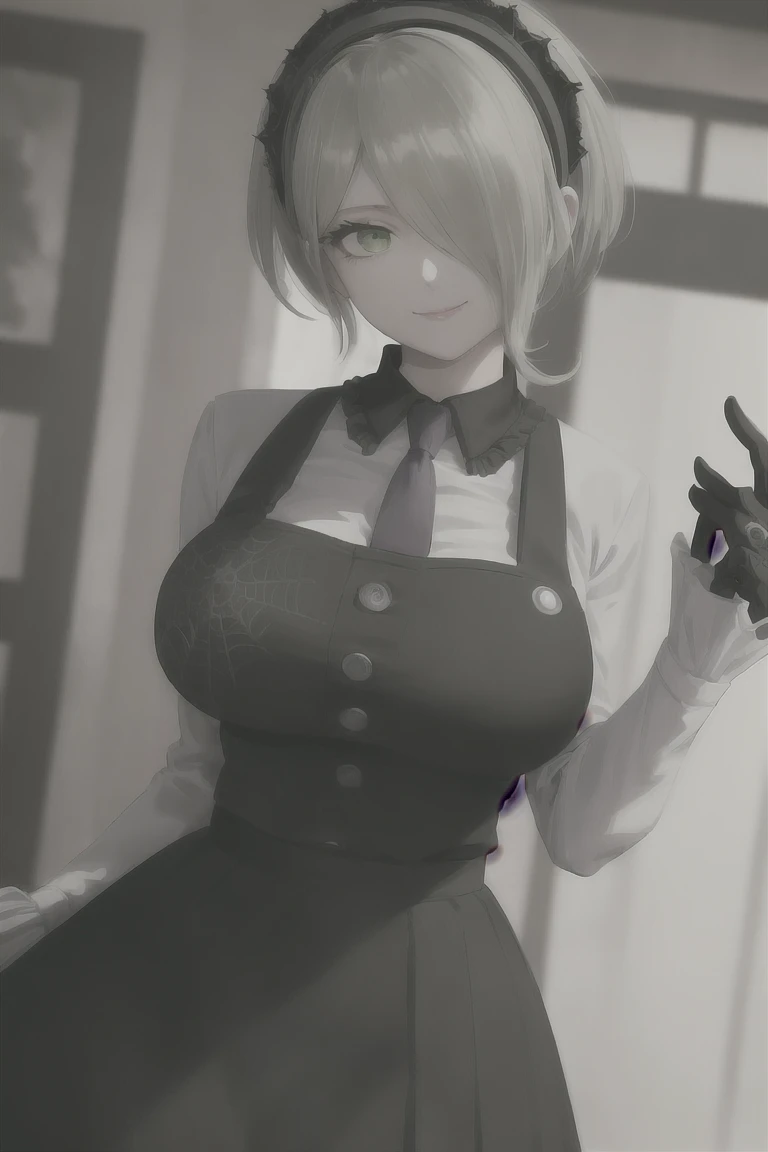 (highly detailed:1.3), tkirumi, looking at viewer, smile, large breasts, long sleeves, white shirt, green hair, black gloves, hair over one eye, black dress, maid headdress, pinafore dress, hand on own head, spider web print, Ultra-detail,(highres:1.1),best quality,(masterpiece:1.3), cinematic lighting, big breasts
