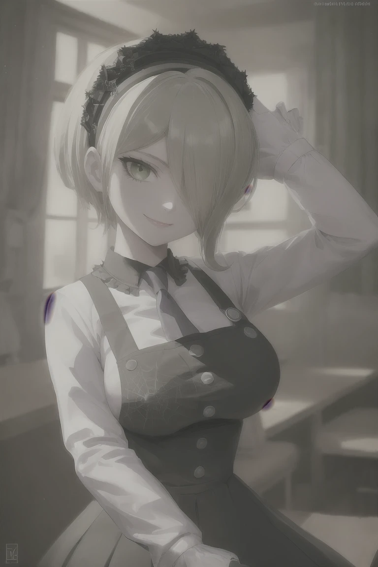 (highly detailed:1.3), tkirumi, looking at viewer, smile, large breasts, long sleeves, white shirt, green hair, black gloves, hair over one eye, black dress, maid headdress, pinafore dress, hand on own head, spider web print, Ultra-detail,(highres:1.1),best quality,(masterpiece:1.3), cinematic lighting, big breasts