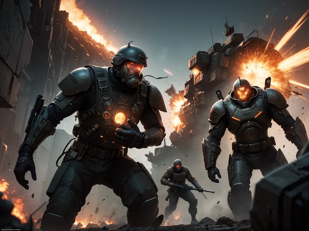 a gritty, cinematic military sci-fi scene, hyperdetailed machinery, powerful explosions, heroic soldiers, awe-inspiring scale, dramatic depth of field, stunning visual effects, high-octane combat, photorealistic, 8k, masterpiece, concept art