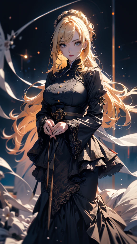 masterpiece, high quality, 4K, Beautiful design, silhouette，blonde， 非常に詳細な夜のStarry Sky,Flower Field， wonderful, Finer details,  Very knowledgeable woman, Highly detailed solo, 1 female,Big Breasts，Gothic Lolita Fashion，Night view，Starry Sky，full moon，