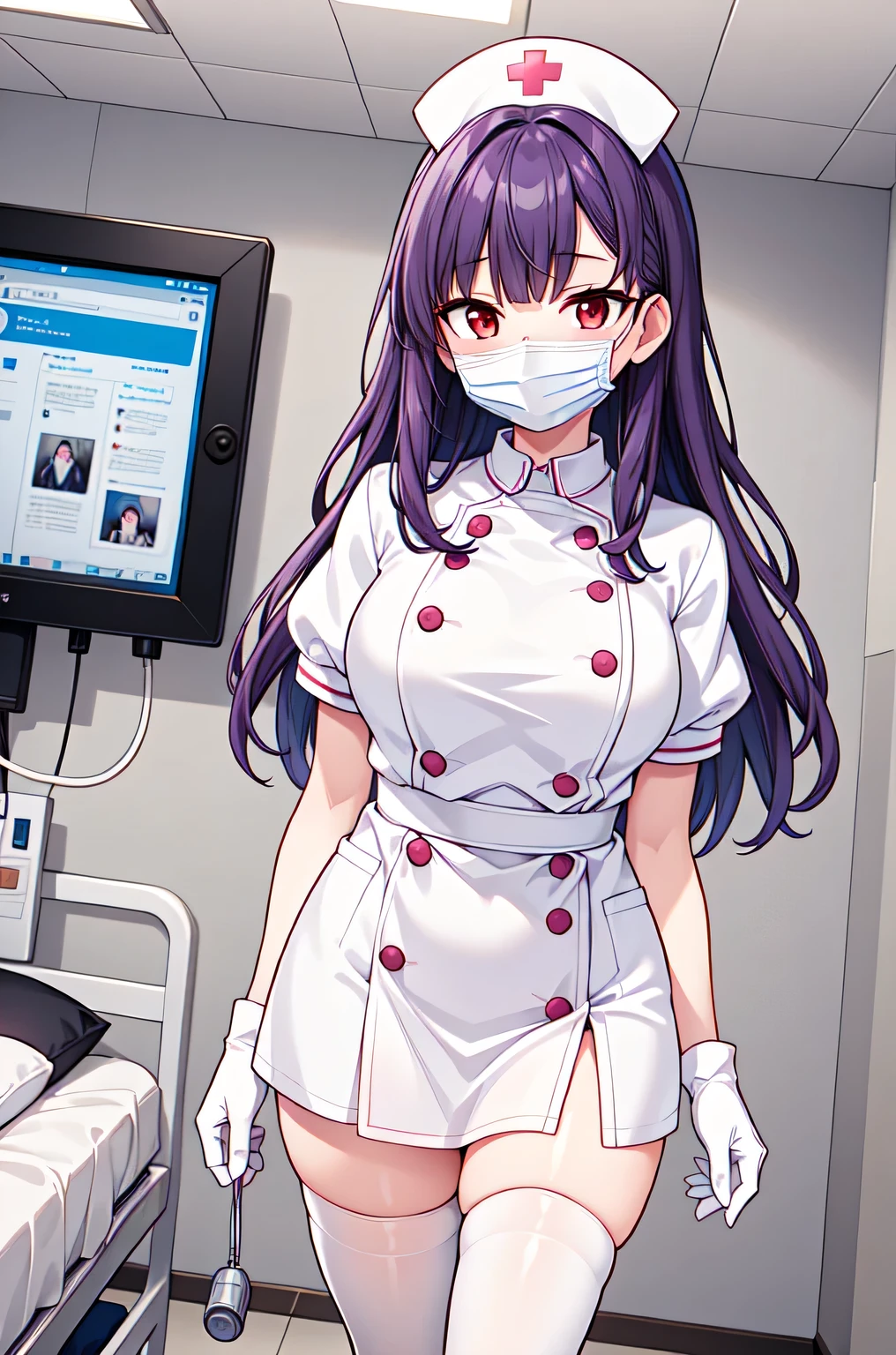 1woman, solo, nurse, white nurse cap, white nurse uniform, ((white legwear, zettai ryouiki)), white gloves, long hair, purple hair, red eyes, ((white surgical mask, covered nose)), standing, ((hospital room)), sharp outline, short sleeves, mature female, 35 years old, best quality, masterpiece