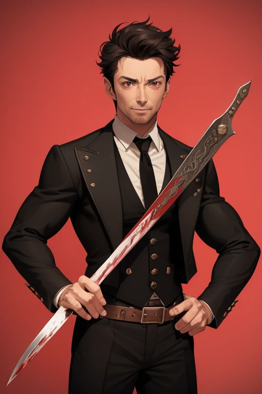 Hugh Jackman from Wolwerine 40 years old Black vampire short hair red vintage vest with black pointed ears red eyes black pants Stempunk Steampunk clothing black vintage decorations Steampunk holding a blood sword looking directly at the viewer red background