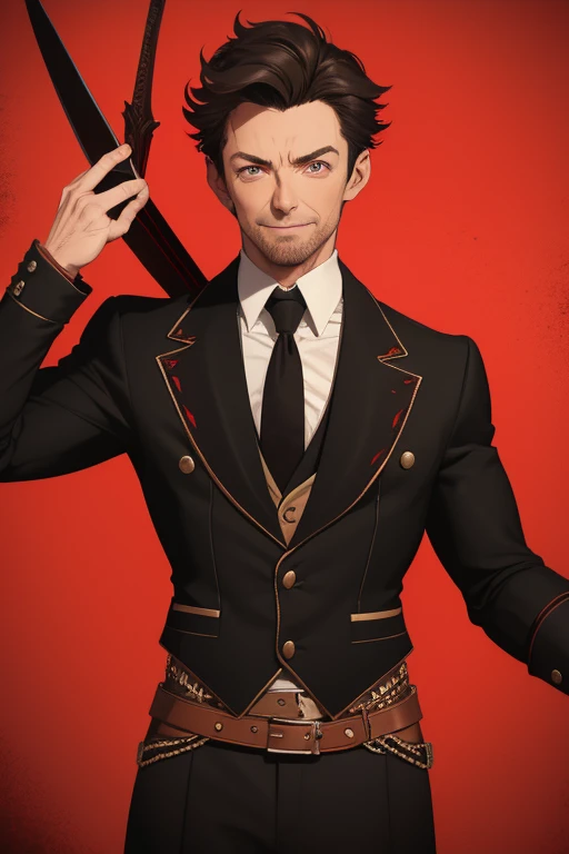 Hugh Jackman from Wolwerine 40 years old Black vampire short hair red vintage vest with black pointed ears red eyes black pants Stempunk Steampunk clothing black vintage decorations Steampunk holding a blood sword looking directly at the viewer red background