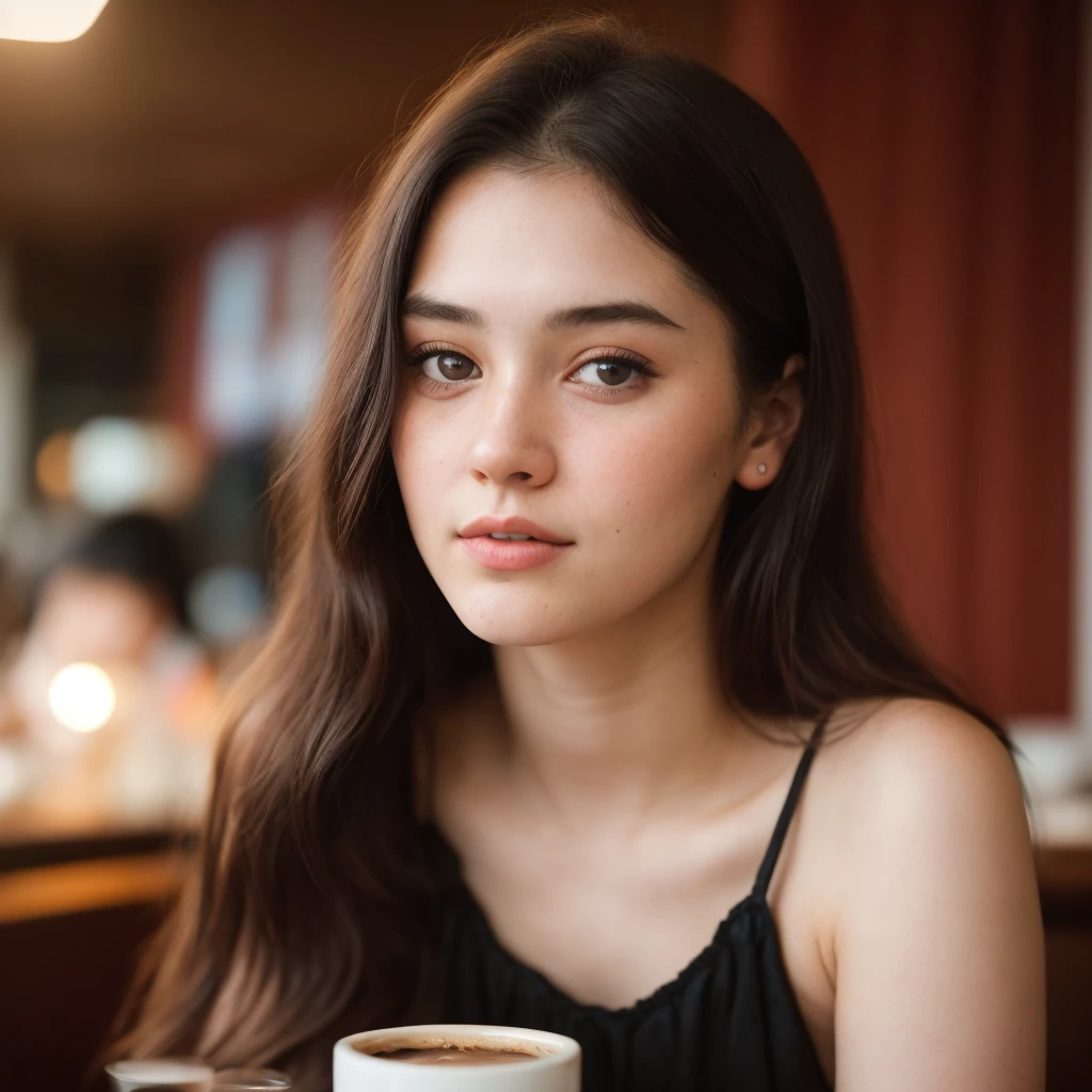 (close-up, editorial photograph of a 21 year old woman), (highly detailed face:1.4) (smile:0.7) (background inside light, warm, private study:1.3) POV, by lee jeffries, nikon d850, film stock photograph ,4 kodak portra 400 ,camera f1.6 lens ,rich colors ,hyper realistic ,lifelike texture, dramatic lighting , cinestill 800, showing full realistic face infront of camera big smil a cafe In a ceremony with black dress