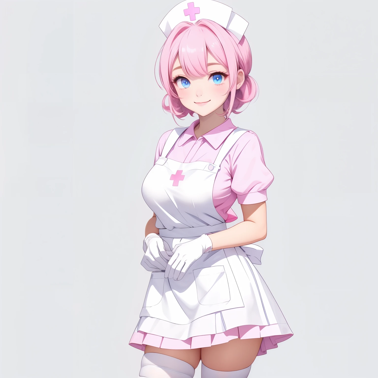 1girl, solo, nurse, nurse cap, pink collared dress, white apron, ((white legwear, zettai ryouiki)), white gloves, pink hair, blue eyes, drooping eyes, smile, standing, sharp outline, short sleeves, gray background, simple background, best quality, masterpiece