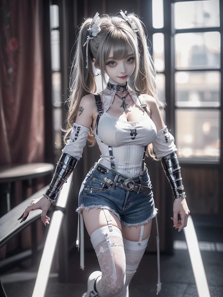 (Full body:1.5)、(Full body:1.2)、(Smiling with teeth showing:1.3),(Shibuya Gal:1.5)、(Neo-goth style fashion:1.5)、(Punk RockVisual Kei:1.4)、(Medieval noble gimp in denim and silver and white:1.5)、(Denim medieval white arm covers and garter shorts:1.5)、(White denim high heels:1.3)、(Wearing silver accessories:1.5)、(Denim collar:1.4)、(White leather garter belt:1.4)、(Brown Skin Belt:1.3)、(White lace underwear:1.5)、20-year-old、NSFW、((Highest quality、In 8K、masterpiece:1.3))、Sharp focus:1.2、(Layered Cut、Huge boobs:1.1),Beautiful woman with perfect figure:1.4、(Dancing vigorously:1.3)、Slender Abs:1.2、Highly detailed face and skin texture、Detailed eyes、double eyelid,(Twin tails:1.3)、(Brown-golden hair:1.3)、Gravure idol、(The background is a VIP room of a high-class cabaret club surrounded by roses on a sunny day outdoors.:1.3)、(Slim body:1.3),(Make your legs thinner:1.4),(clavicle:1.1)