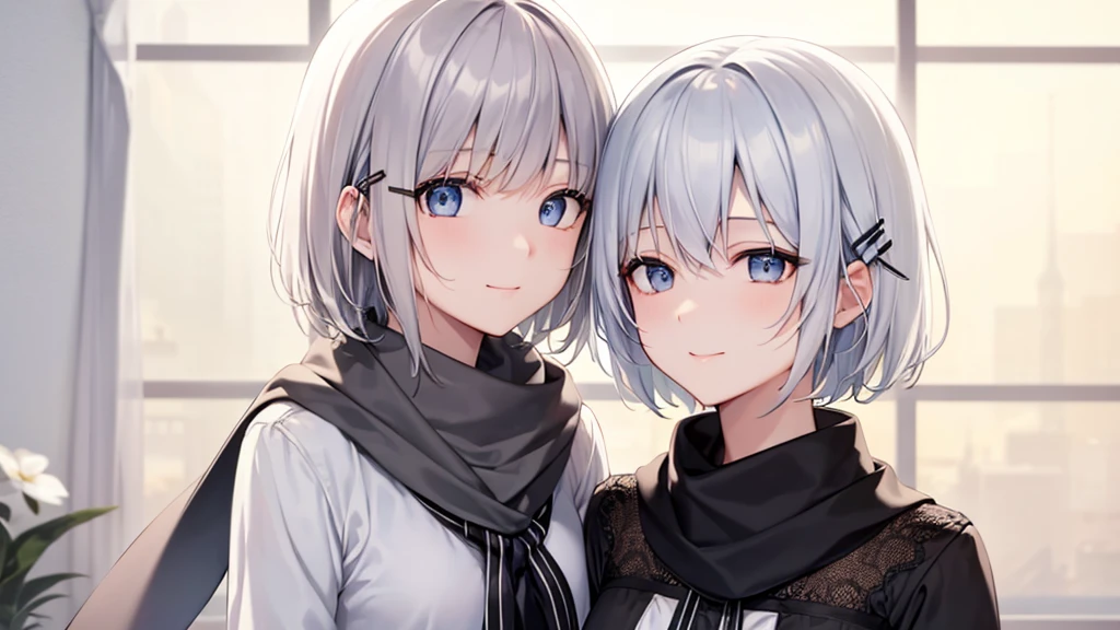 Her eyes were shining、Mysterious and enchanting atmosphere。With AI Painting、とてもShort Hair, Long bangs between the eyes, Very detailed,(masterpiece、Highest quality)、alone、Gray Hair、Fantasy, Silver Hair, Fantasyな風景、White shirt、smile、Open your mouth、Scarf、short hair、Short Hair、hairpin、black eye、Grey Eyes、Beautiful Eyes