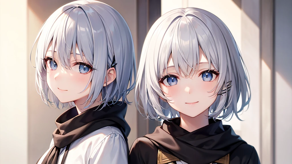 Her eyes were shining、Mysterious and enchanting atmosphere。With AI Painting、とてもShort Hair, Long bangs between the eyes, Very detailed,(masterpiece、Highest quality)、alone、Gray Hair、Fantasy, Silver Hair, Fantasyな風景、White shirt、smile、Open your mouth、Scarf、short hair、Short Hair、hairpin、black eye、Grey Eyes、Beautiful Eyes