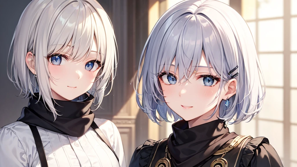 Her eyes were shining、Mysterious and enchanting atmosphere。With AI Painting、とてもShort Hair, Long bangs between the eyes, Very detailed,(masterpiece、Highest quality)、alone、Gray Hair、Fantasy, Silver Hair, Fantasyな風景、White shirt、smile、Open your mouth、Scarf、short hair、Short Hair、hairpin、black eye、Grey Eyes、Beautiful Eyes