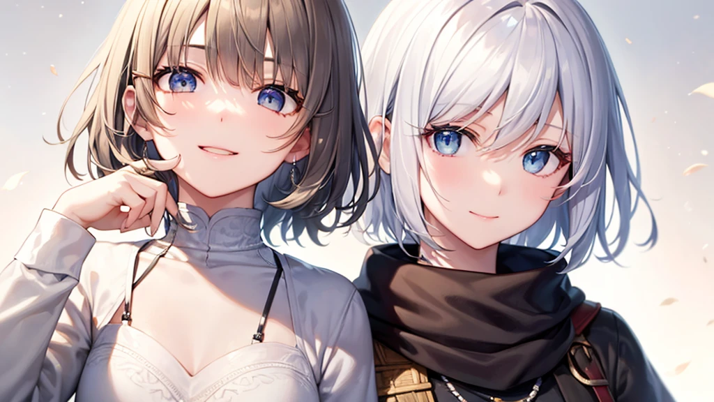 Her eyes were shining、Mysterious and enchanting atmosphere。With AI Painting、とてもShort Hair, Long bangs between the eyes, Very detailed,(masterpiece、Highest quality)、alone、Gray Hair、Fantasy, Silver Hair, Fantasyな風景、White shirt、smile、Open your mouth、Scarf、short hair、Short Hair、hairpin、black eye、Grey Eyes、Beautiful Eyes