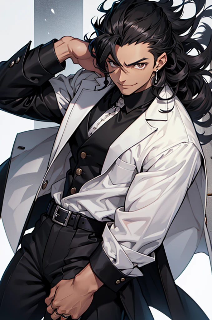 1man, young man, brown skin, brown eyes, mischievous smile, curly mid-long hair, black hair, wolfcut hairstyle, formal outfit, white shirt with rolled up sleeves, white shirt top buttons open, tattooed forearms, black kerchief around neck, black suit pants, black leather belt with silver buckle, black suit jacket, jacket over shoulders like a cape, black leather boots with silver buckles, silver rings on fingers, three silver earrings on right ear, no white skin, hunterxhunter anime style