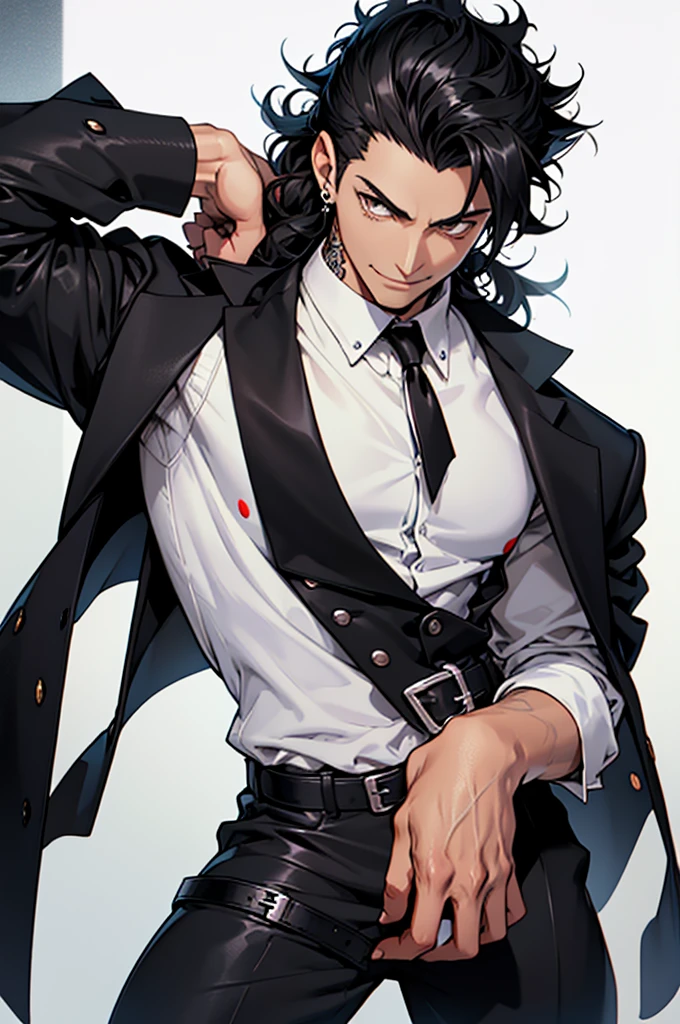 1man, young man, brown skin, brown eyes, mischievous smile, curly mid-long hair, black hair, wolfcut hairstyle, formal outfit, white shirt with rolled up sleeves, white shirt top buttons open, tattooed forearms, black kerchief around neck, black suit pants, black leather belt with silver buckle, black suit jacket, jacket over shoulders like a cape, black leather boots with silver buckles, silver rings on fingers, three silver earrings on right ear, no white skin, hunterxhunter anime style