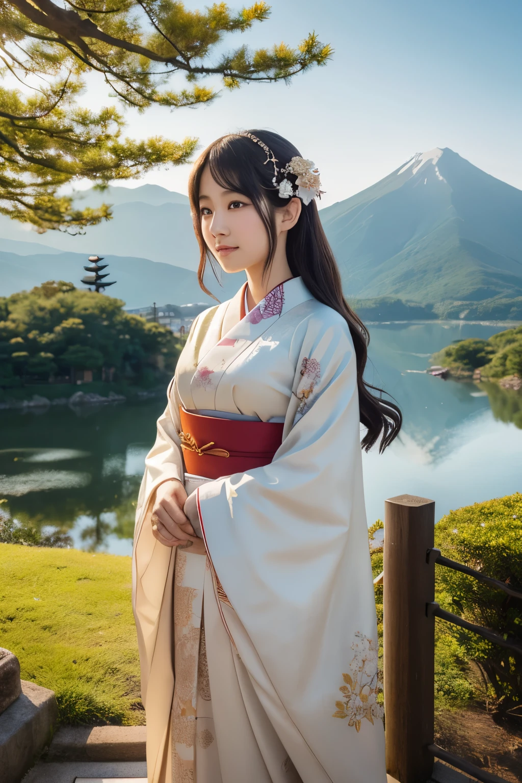 Create an illustration of Kukurihime no Mikoto, the Japanese goddess of marriage and matchmaking. She should be depicted as a serene and benevolent deity, wearing traditional Japanese garments adorned with intricate floral patterns. She is standing gracefully by a sacred mountain, symbolizing her association with Mount Hakusan. In her hands, she holds a red string of fate, which is a symbol of connecting people. The background should feature a peaceful landscape with lush greenery and a Shinto shrine in the distance. The overall atmosphere should be divine and enchanting, with soft, warm lighting that highlights her divine nature and the spiritual energy of the place.

