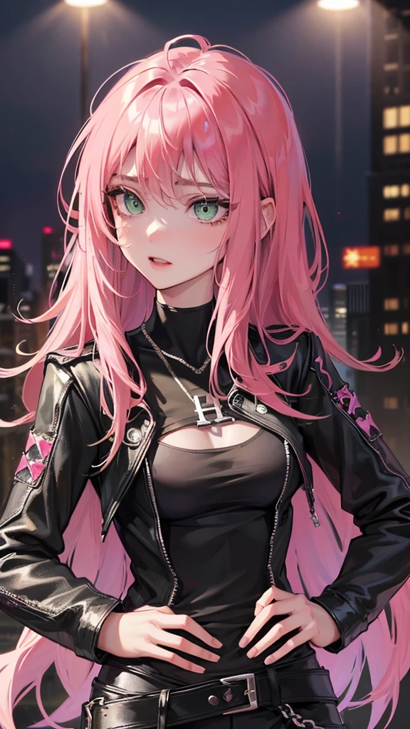 Photograph of the upper body of a beautiful woman, , [see through] , (big breasts), (small waist, perfect body), Sharp focus, (tall body, mature woman), ((Looking ahead)), (Highly detailed skin, hair follicles:1.4,) (pink long hair,green eyes) , (black t-shirt:1.47),(green pants)chain,(punkร็อก) , There are tears. , Cross necklace , Wearing a black leather jacket,  สวมchainรูปดาวไว้ที่เอวของคุณ, city scenery , punk , night light  , High quality 
