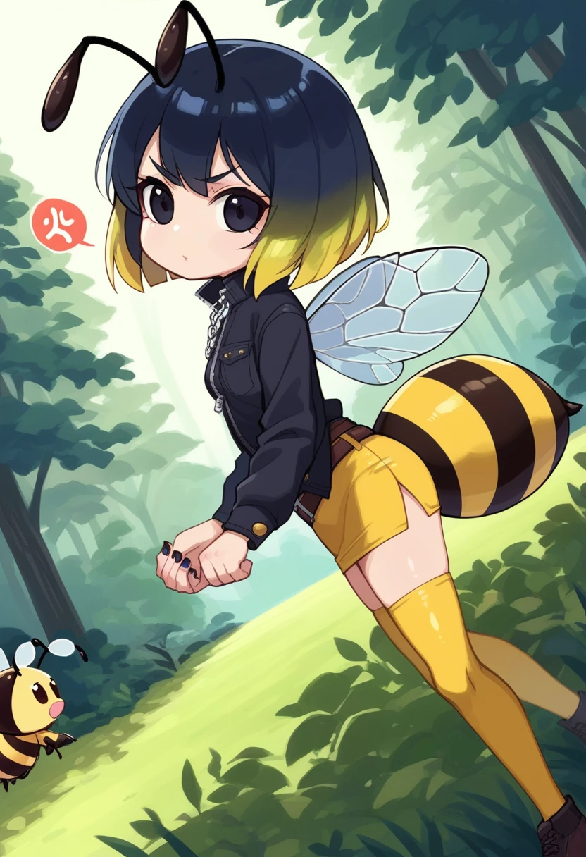 score_9, score_7_up, score_6_up, 1girl, source_cartoon, source_anime,breathtalking Scenery,watercolor,smooth soft skin, natural skin,anime screencap,mjm,rating_questionable,
BREAK
1girl(hornet girl:1.4), bee girl,(little female child:1.3), (:1.3),6 yo, kawaii,baby face,small breast, cute face,oily skin,(Phat ass:0.6)
BREAK
(black lob hair:1.4),(black bob cut:1.3),(yellow gradient hair:1.2),(yellow dip-dye hair:1.1),ahoge,highlight on eyes,(nail_polish:1.1), beautiful eyes, detailed eyes, puffy eyes,black eyes,
BREAK
(bee antennae:1.3), (PVC material Extremely small bee wings:1.1), (bee wings:1.1),symmetry bee wings, anger vein,anguish,(spoken squiggle:1.5),spoken anger,angry
BREAK
belt buckle,black jacket, zip up, (pencil Skirt:1.1),(yellow striped black stockings:1.3),pierce,chain accessory,punk rock, croped shirt
BREAK
side view,from above,dutch angle,(deep forest,forest,darkness:1.2),dash,(running:1.3),dynamic running,dynamicangle,In a secluded setting, surrounded by a dense forest, the bog lay hidden like a secret gem, its misty surface whispering tales of ancient times,misty,deep forest,