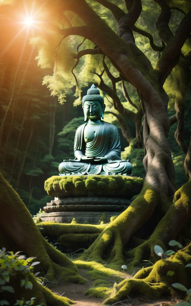 (best quality,masterpiece, intricate,ultra-detailed,realistic,RAW photo,8k uhd,ultra high res,photorealistic style,cinematic scenes, sharp focus,dramatic lighting,extremely detailed CG unity wallpaper) ,a buddha statue on the moss ground in the forest in sunrise, 
