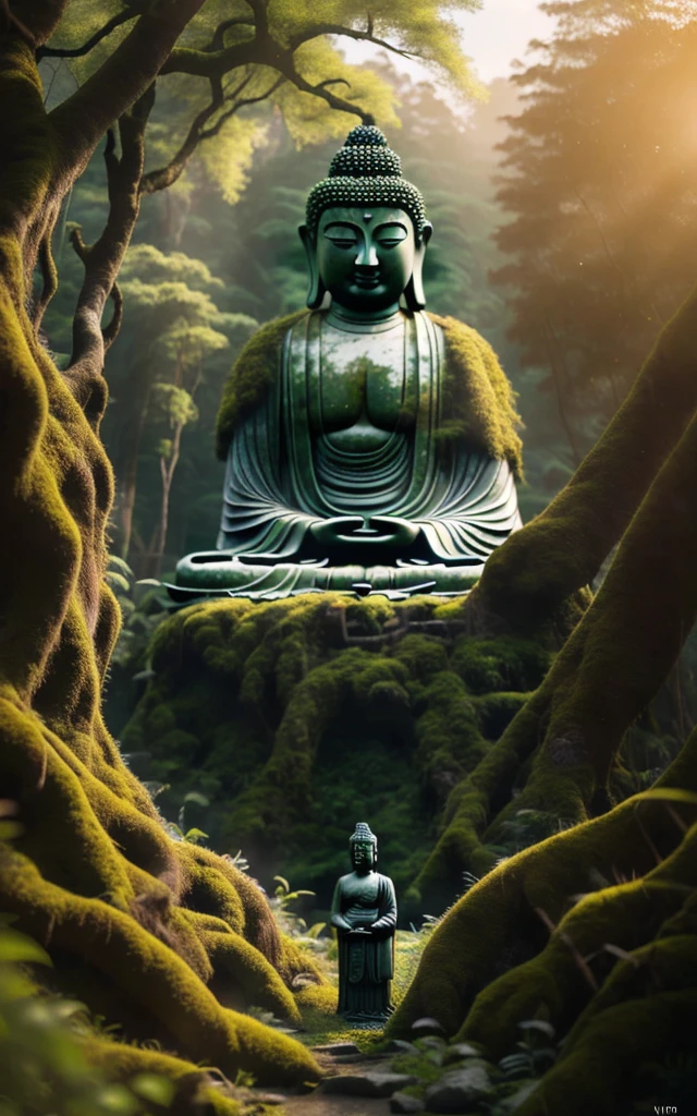 (best quality,masterpiece, intricate,ultra-detailed,realistic,RAW photo,8k uhd,ultra high res,photorealistic style,cinematic scenes, sharp focus,dramatic lighting,extremely detailed CG unity wallpaper) ,a buddha statue on the moss ground in the forest in sunrise,