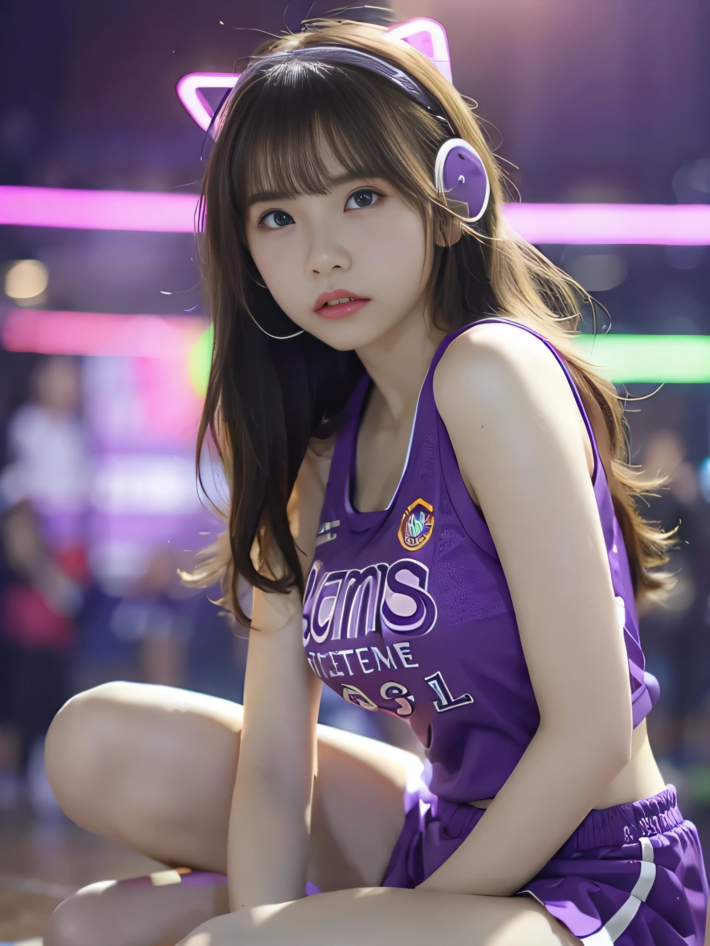 (Raw quality), Highest quality、masterpiece、Ultra-high resolution、(Photorealistic:1.4)、Raw photo、1 Girl、Glowing Skin、headset、((Ultra-Realistic Details))、Portrait、Global Illumination、Shadow area、Octane Rendering、8k、Ultra Sharp、((Delicate body type))、Hair ornament of the future、(Basketball team uniforms:1.3)、Cleavage、Side boo boo, ((Medium bust:1.4))、(Sunburned skin:1.4)、Very intricate detail、Realistic Light、Metallic Shine、CGSoation Trends、(Purple eyes:1.4)、(Shining Eyes)、Facing the camera、Neon Details、Sitting、Cyberpunk background、Small LED lamp、(Purple and green lighting from behind)、