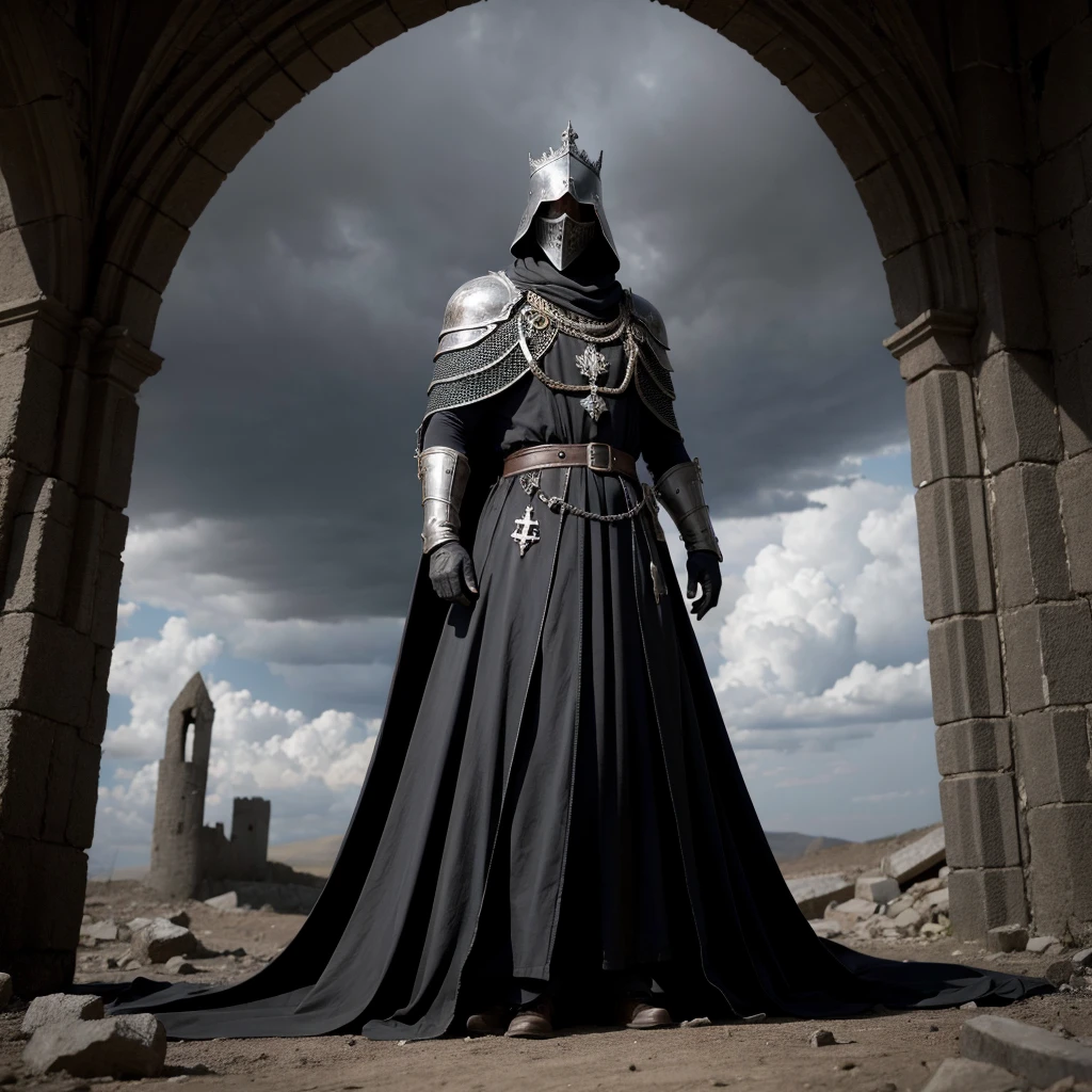 Create a drawing of a desolate king in the midst of war, but maintaining his firm stance. Medieval gothic style, a style pulling towards horror like dark souls