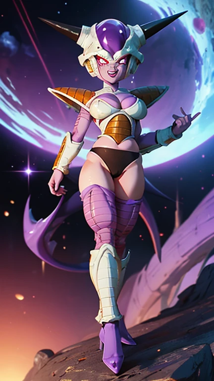 frieza gender bend, big breasts, deep cleavage, big round ass, round Buttocks, cameltoe, wide hips, leg spread apart, her hips swaying, white skimpy armor, anime eyes dragon ball z, frieza eyes, purple nipples, laughing, frieza spaceship