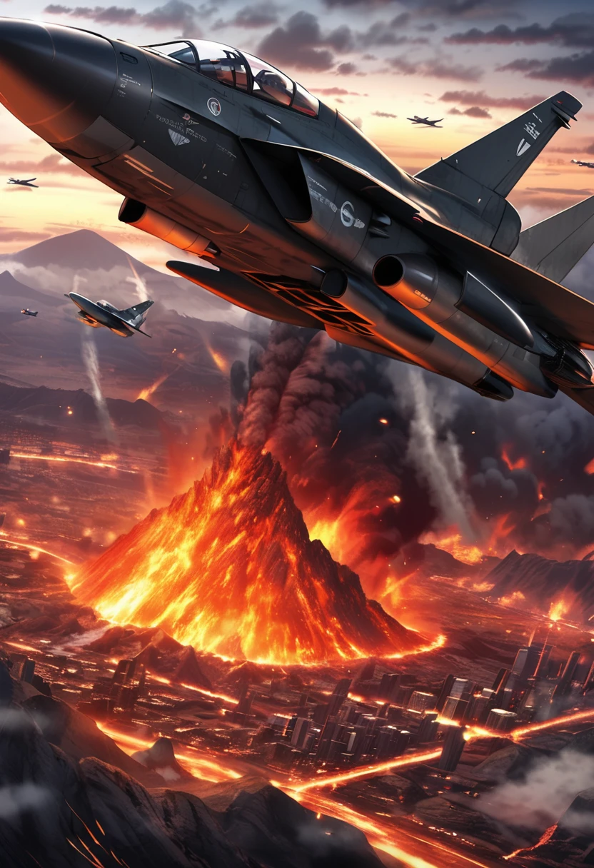 Fighter planes fly over volcanic city,