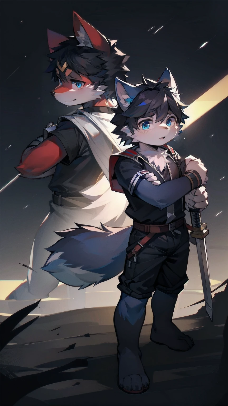 White Wolf,black hair,Sky blue eyes,hairy,Wolf ears,Wolf tail,Full body portrait,The character is in the center of the frame,Handsome,Confident eyes,male,juvenile,Black and white combat uniform,Red neck bib,Black shorts,Short sleeve,hairy arms and legs,Dark background,Dark battlefield,dawn,sunrise,dawn,illumination,shadow,Swordsman,Scabbard and sword,Hold the hilt of a sword in your hand,The scabbard is at the waist,Highest quality
