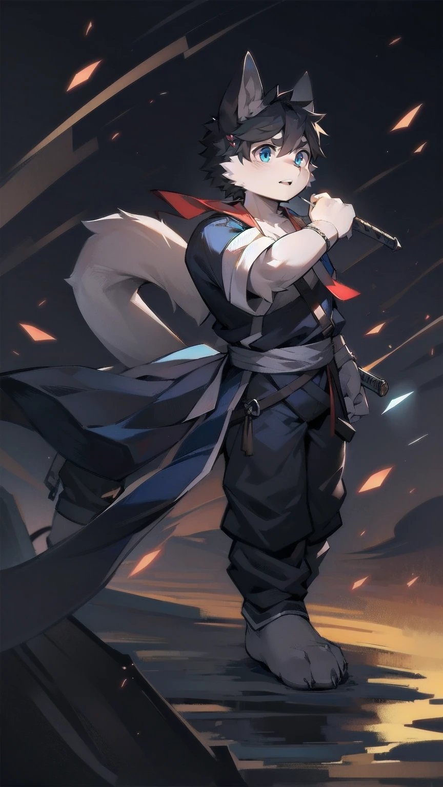 White Wolf，black hair，Sky blue eyes，hairy，Wolf ears，Wolf tail，Full body portrait，The character is in the center of the frame，Handsome，Confident eyes，male，juvenile，Black and white combat uniform，Red neck bib，Black shorts，Short sleeve，hairy arms and legs，Dark background，Dark battlefield，dawn，sunrise，dawn，illumination，shadow，Swordsman，Scabbard and sword，Hold the hilt of a sword in your hand，The scabbard is at the waist，Highest quality