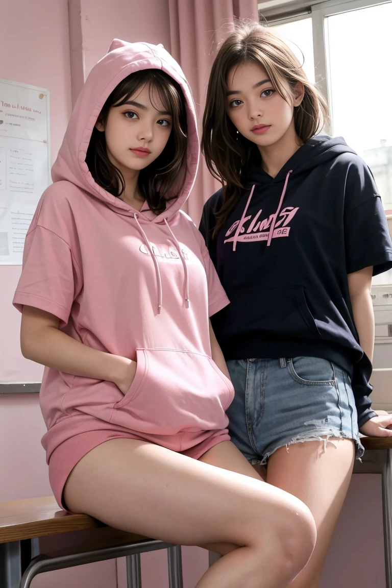 deux femmes ensemble de 18 ans sexy et mince , pink short sleeve hoodie , salle de classe, se touche,position sey,sensuel