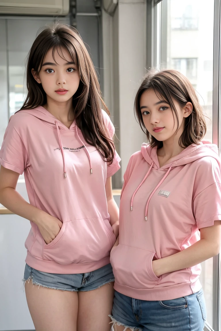deux femmes ensemble de 18 ans sexy et mince , pink short sleeve hoodie , salle de classe, se touche,position sey,sensuel