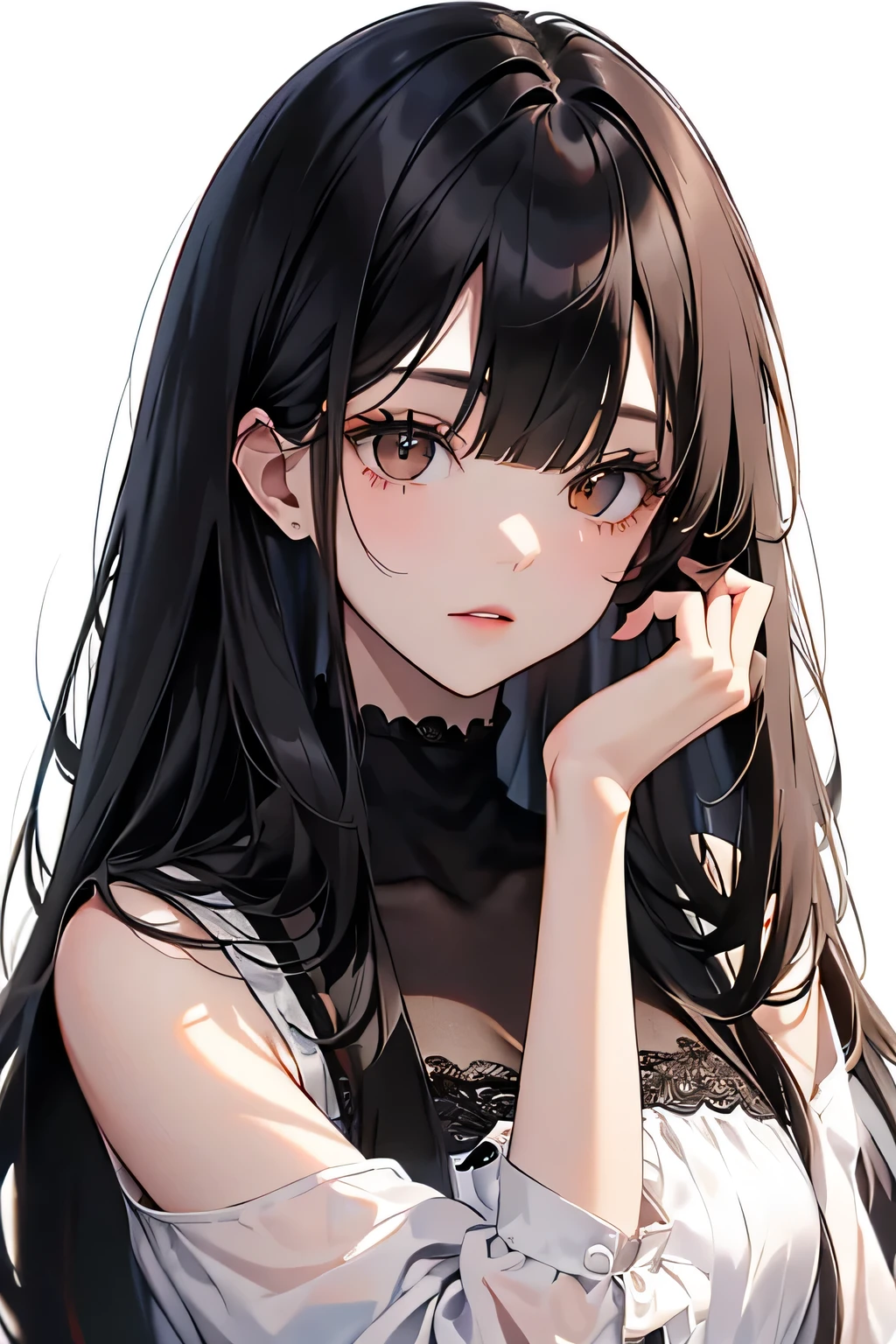 best quality, highres,Slender、Brown eyes、tall、Black Hair、(Long Hair:1.3),(Straight Hair:1.3)、(Bangs:1.3)、7 lifespan、Black Bra、slouch、Looking up
