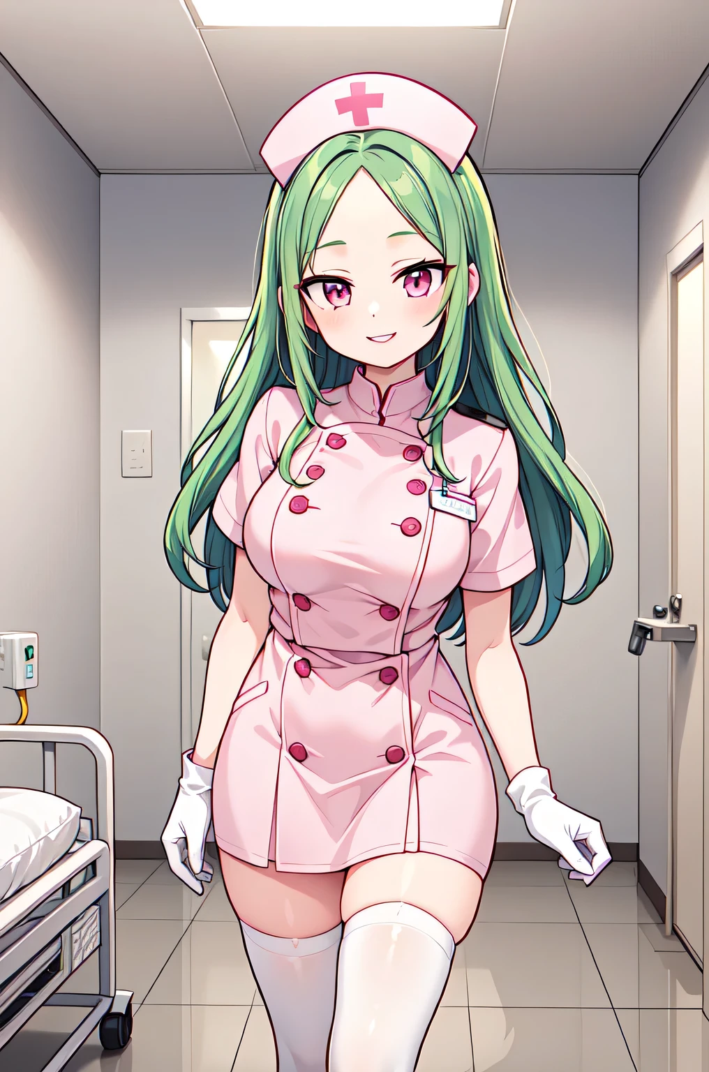 1woman, solo, nurse, white nurse cap, white nurse uniform, ((white legwear, zettai ryouiki)), white gloves, forehead, long hair, green hair, pink eyes, pink lips, smile, standing, ((hospital room)), sharp outline, short sleeves, mature female, 35 years old, best quality, masterpiece