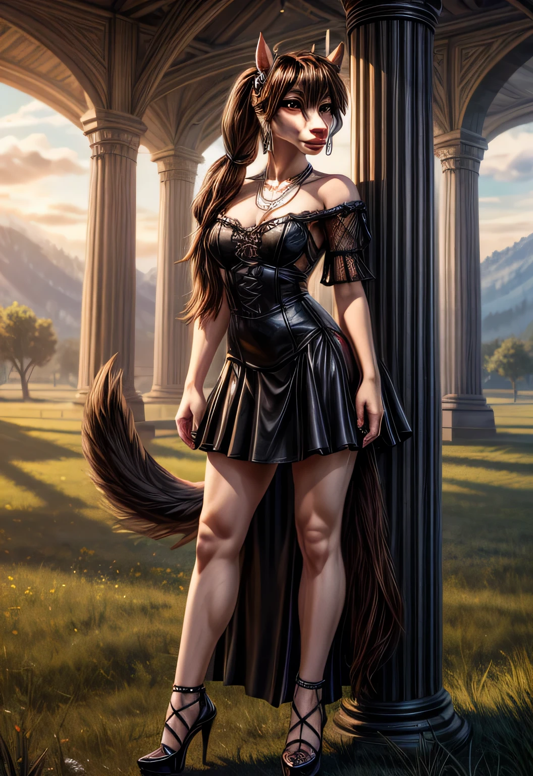 UHD 8k, HDR+, cute Black anthro female horse with a necklace, large piercing brown eyes, huge earrings, giant earrings, Black with pigtails, fluffy horse with a Black fluffy tail, Black leather high heel shoes, High heels, Black gothic dress, Against the background of the field, detailed background, realistic, 1girl, solo girl, 20 year old girl, ultra realistic face, hyperrealistic, hyperdetailed, (looking at viewers), sharpen, detailed face, detailed eyes, detailed lips, red lips, beautiful face, 16k, FHD, raw photo, cute face mesh, pretty face mesh, portrait shot 8