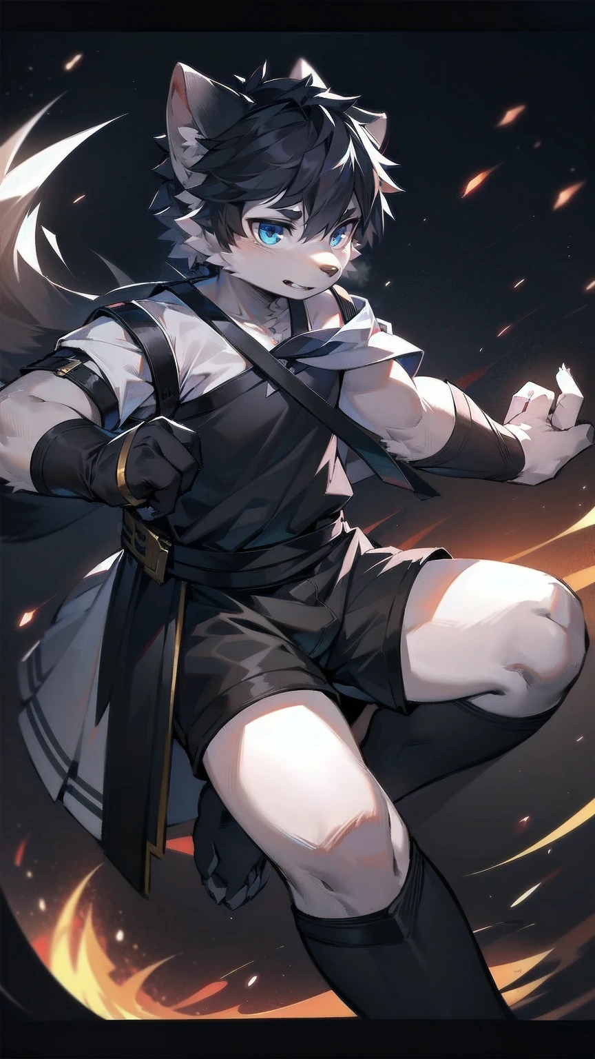 White Wolf,black hair,Sky blue eyes,hairy,Wolf ears,Wolf tail,Full body portrait,The character is in the center of the frame,Handsome,Confident eyes,male,juvenile,Black and white combat uniform,Red neck bib,Black shorts,Short sleeve,hairy arms and legs,Dark background,Dark battlefield,dawn,sunrise,dawn,illumination,shadow,Swordsman,Scabbard and sword,Hold the hilt of a sword in your hand,The scabbard is at the waist,Highest quality