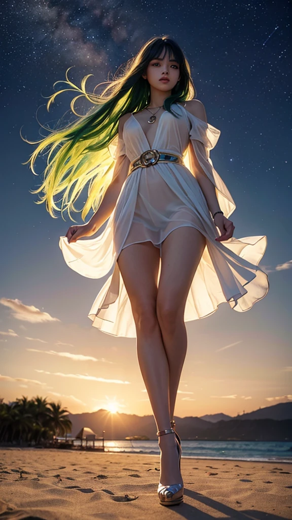 ((best quality)), ((masterpiece)), (ultra detailed), full body shot, indonesian girl, extremely beautiful, 20 years old, green curvy hair, ((hair blown by strong winds :1.3)), Award-winning photography, photography of girl, slim face, extremely beautiful, transparent dress, see through dress, white dress, long dress, belt, ((slim body)), ((wearing high-heels)), skin details, epic lights details, night at beach, stars, aurora Borealis, nebula sky, dark orange clouds, shooting star, model posing in the middle, thighs gap, standing with legs wide open, legs wide open, stockings, necklace with emerald, ((from below))