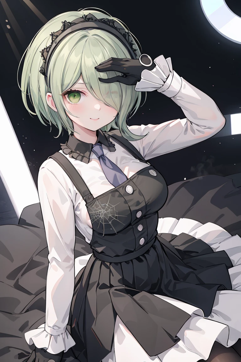 (highly detailed:1.3), tkirumi, looking at viewer, smile, large breasts, long sleeves, white shirt, green hair, black gloves, hair over one eye, black dress, maid headdress, pinafore dress, hand on own head, spider web print, Ultra-detail,(highres:1.1),best quality,(masterpiece:1.3), cinematic lighting, big breasts, hands on breasts, hand on own breasts, holding breasts, bouncing breasts
